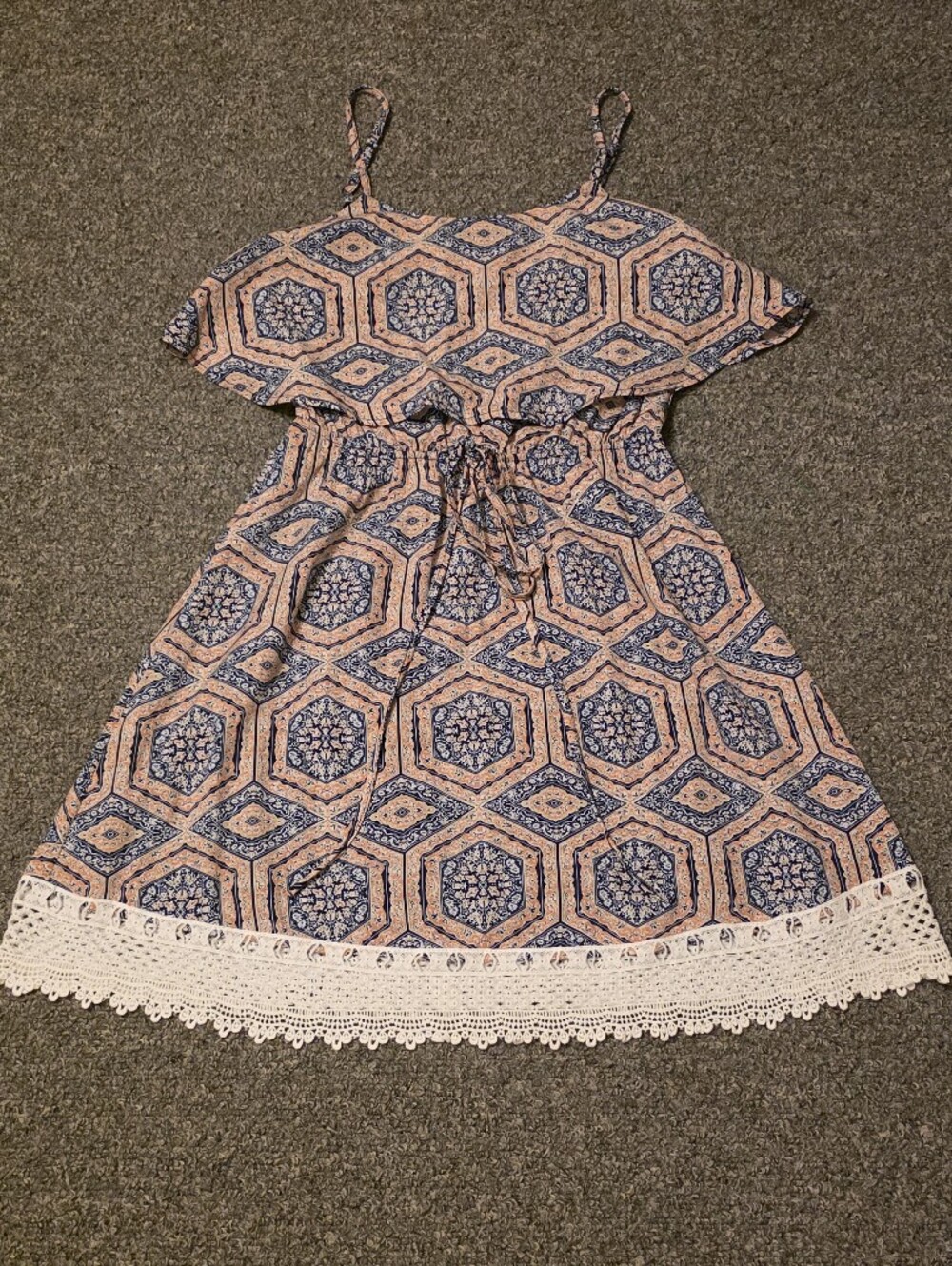 Doe & Rae Blue and Peach Printed Spaghetti-Strap Dress with Lace Hem